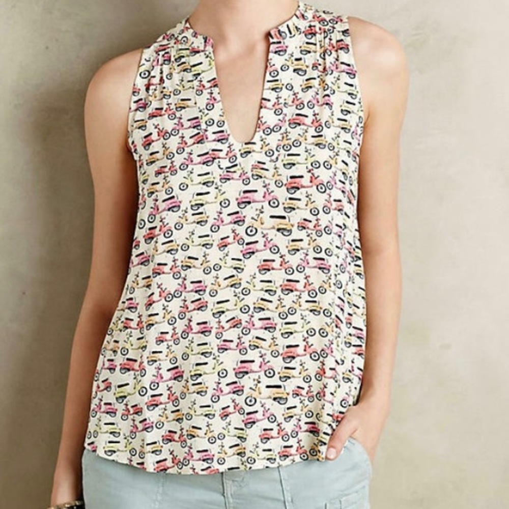 Anthropologie "Enna Tank" by Maeve Beige Rare Vespa’s Print Women’s Size - 4